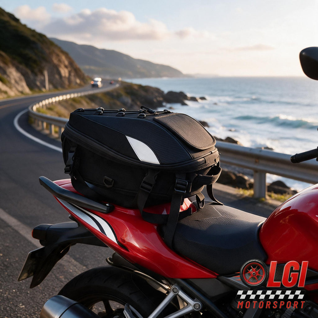 Bolsa de colín montada en una moto en ruta – OLGI Motorsport
