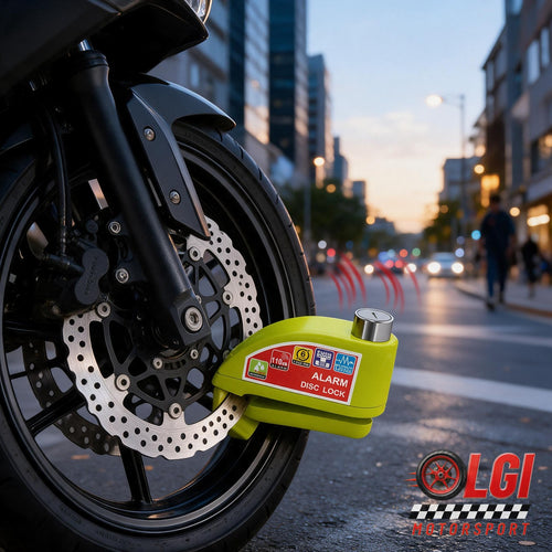 Candado de disco con alarma puesto en una moto aparcada – OLGI Motorsport